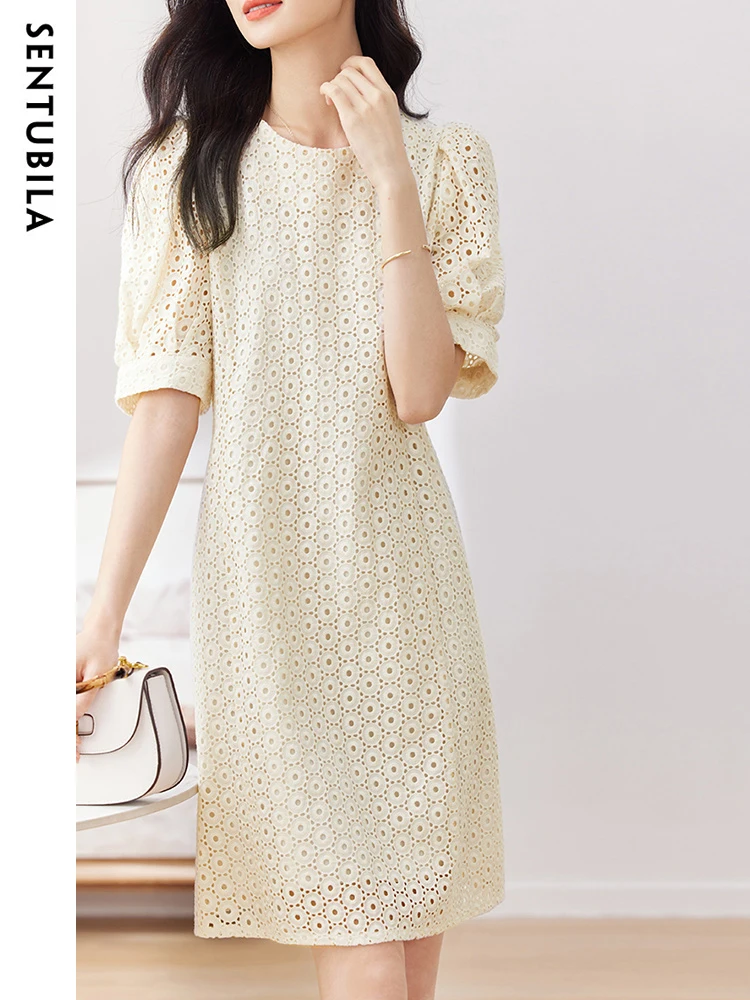 

SENTUBILA Eyelet Embroidery Straight-cut Cotton Dresses for Women 2024 Trendy Puff Sleeve Women's Elegant Loose Summer Dress