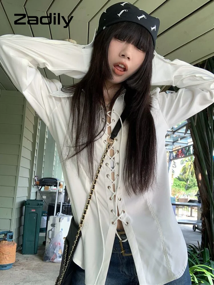 Zadily Long Sleeve Gothic Shirt for Women Oversize White Shirt, Punk Corn Eye Blouse New Female Tunic Clothing Top Summer 2024