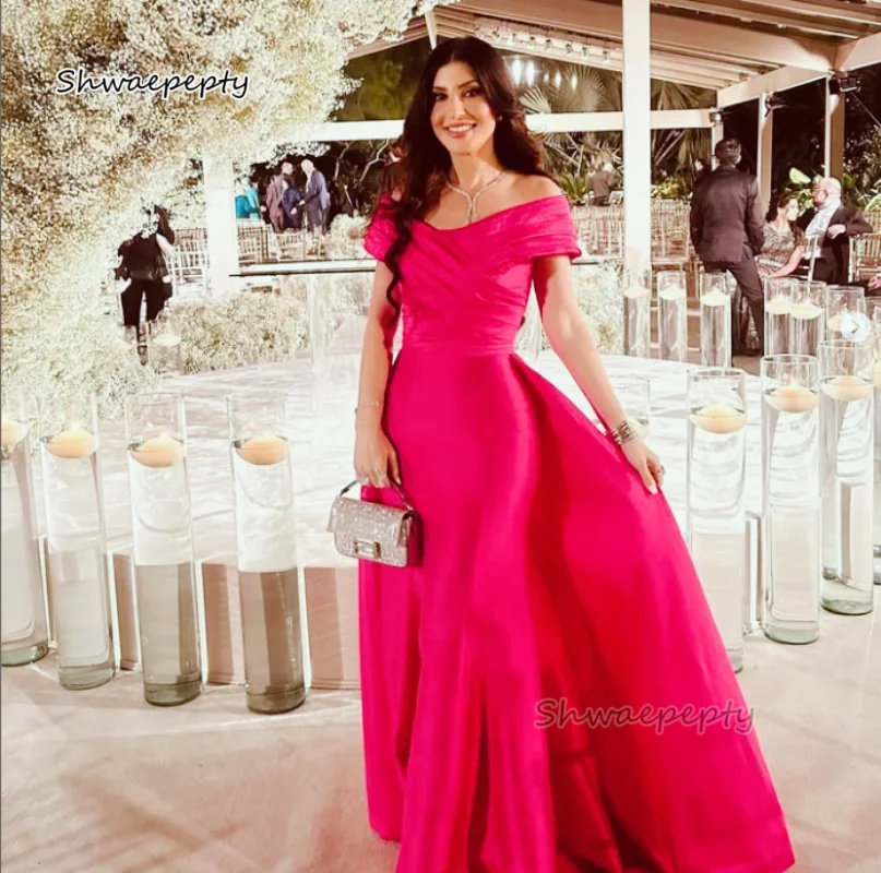 

2 In 1 Hot Red Fuchsia Prom Dress Off Shoulder Simple Satin Long Evening gown V-neck Elegant Wedding Party Dresses Customized
