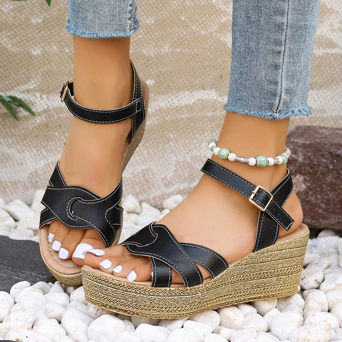 Women\'s Cross Strap Wedge Sandals Thick Bottom Buckle Strap Gladiator Shoes Woman Summer Beach Chunky Platform Sandalias Mujer