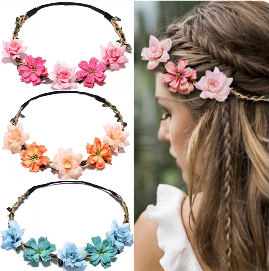 

New Bride Flower Crown Hairband Rope Wedding Girl Wreath Elastic Hair Accessories Fashion Women's wedding photography Headpiece