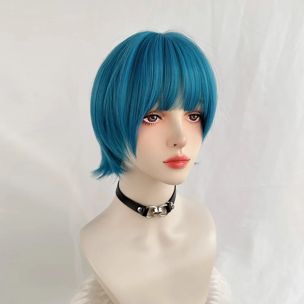 Short Blue Synthetic Straight Women Wig with Bangs Fluffy Lolita Cosplay Wig Heat Resistant for Daily Party