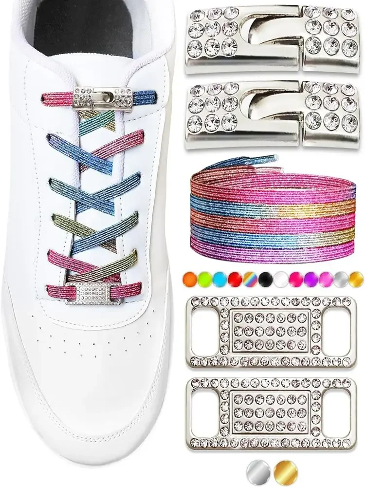 1 Paar elastische Schnürsenkel ohne Binden, glitzernde Diamant-Kreuzverschlüsse, Schnürsenkel-Charms für Damen-Sneaker, luxuriöse, elegante Schnürsenkel mit Metallschnalle – Detail 4