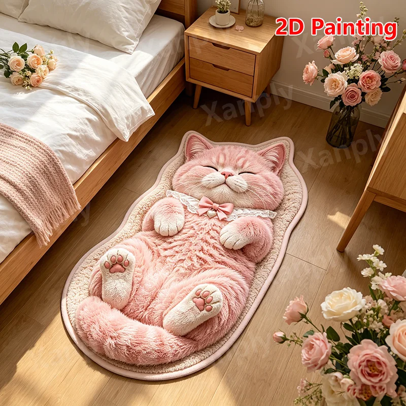 VIKAMA Cute Pink Cat Holding Heart Shape Rug Non Slip Mat for Living Room Bedroom Kawaii Romantic Home Decor Washable Carpet