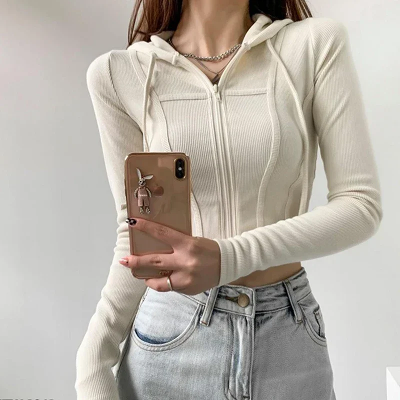 Thin Hooded Cardigan Women Korean Vintage Slim Summer Solid Sports Jacket Vertical Pit Stripe Zipper Female Sexy Cropped Tops