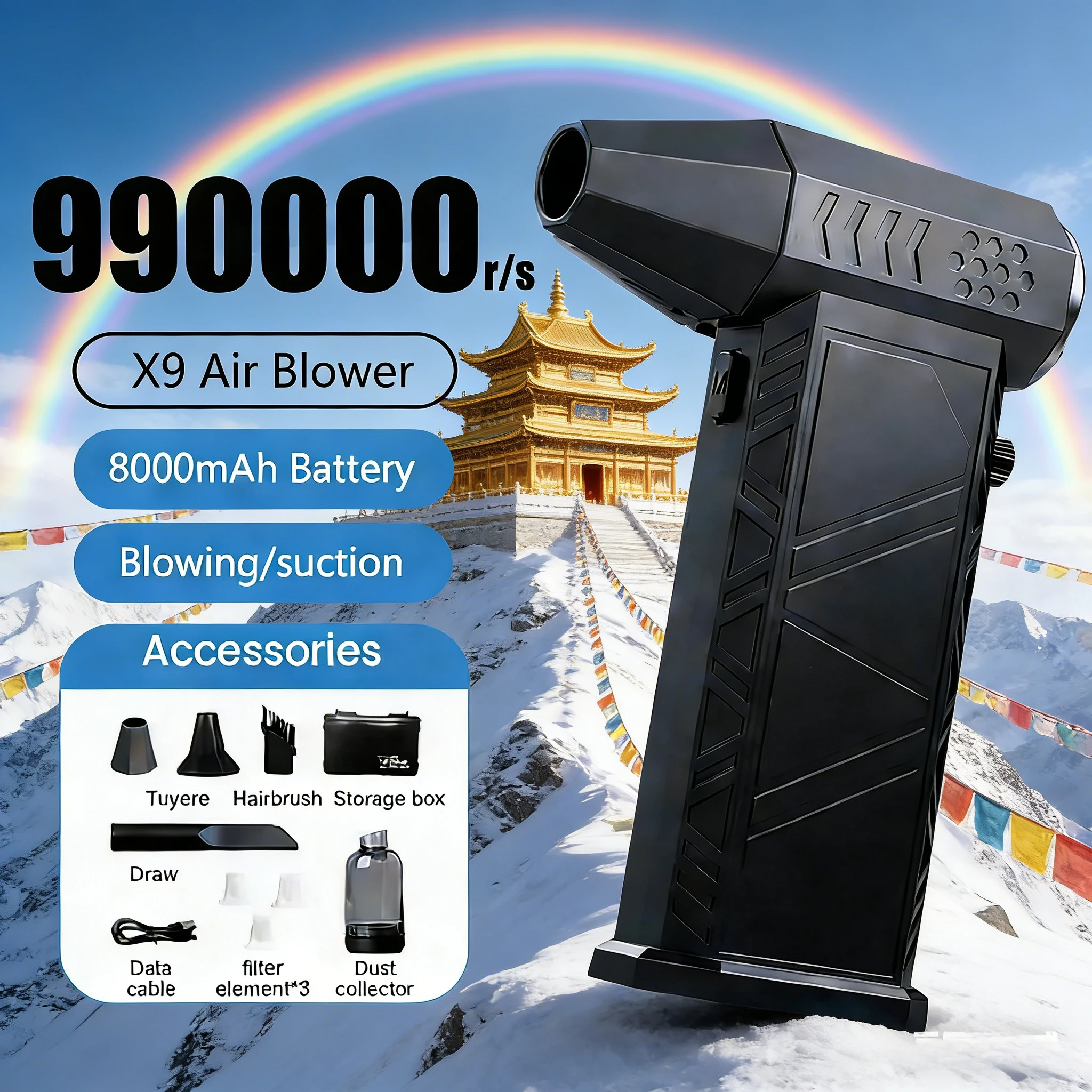 

X9Pro+ Violent Turbo Jet Blower 990000 RPM Brushless Motor 75m/s Strong Wind Type-C 2-in-1 Vacuum Dust Cleaner