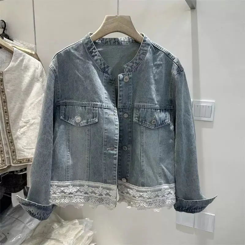 Denim jacket women's lace splicing top 2025 spring new design sense small short jacket top trendy