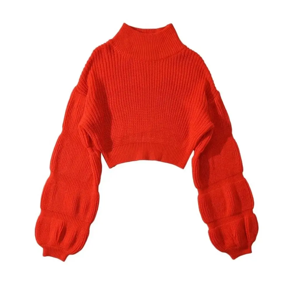 

Girls High Collar Bubble Sleeve Sweater Wholesale Autumn Winter Thick Line Women's Solid Color Loose Long Sleeve Top