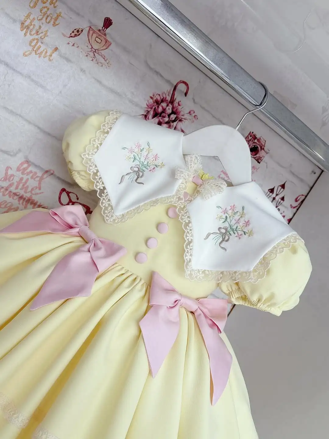 Girls Summer Light Yellow Vintage Ball Gown Dress Flower Embroidery for Casual Birthday Party Holiday Photography B599