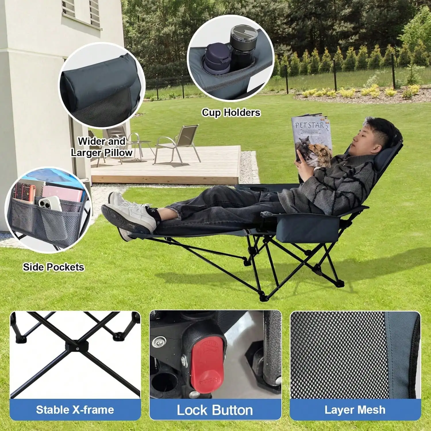 Heavy-Duty 2-In-1 Adjustable Camping Chair With 4-Position Reclining, Footrest And Cup Holder. Adult Folding Recliner With Adjustable Backrest, Lightweight, Comfortable For Camping, Hiking Or Backyard Relaxation, Father's Day Gift.