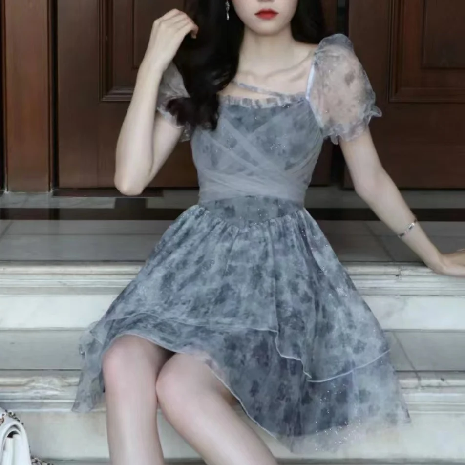 

Korean Sweet Lace-up Mini Dress Elegant Print Puff Sleeve Ball Gown Birthday Party Short Dresses Summer Spring Princess Vestidos
