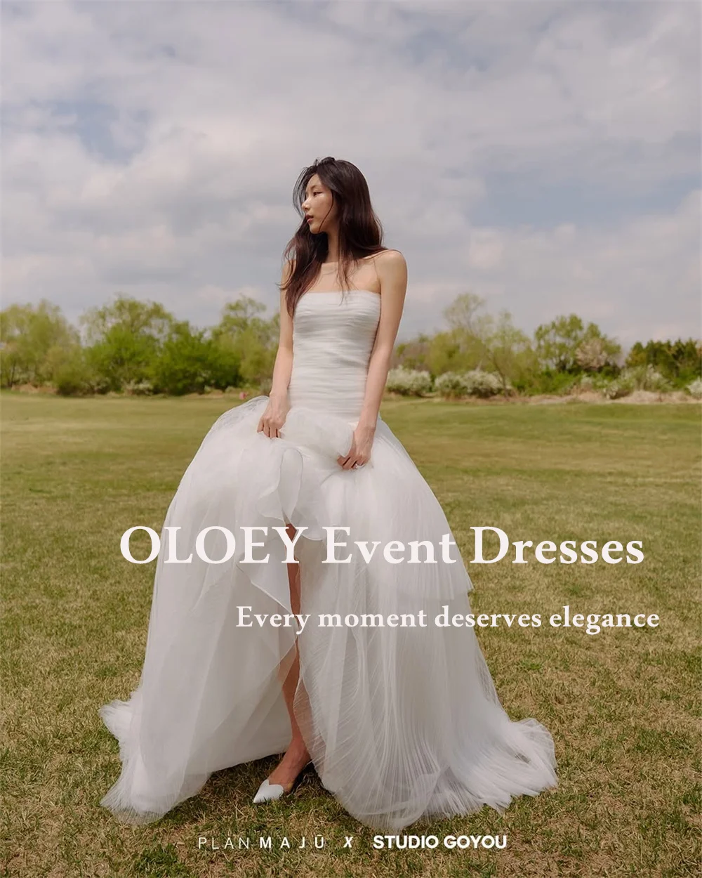 OLOEY Elegant Strapless A Line Wedding Dress Korea Photo Shoot Layered Pleated Tulle Floor Length Bridal Gown Customized