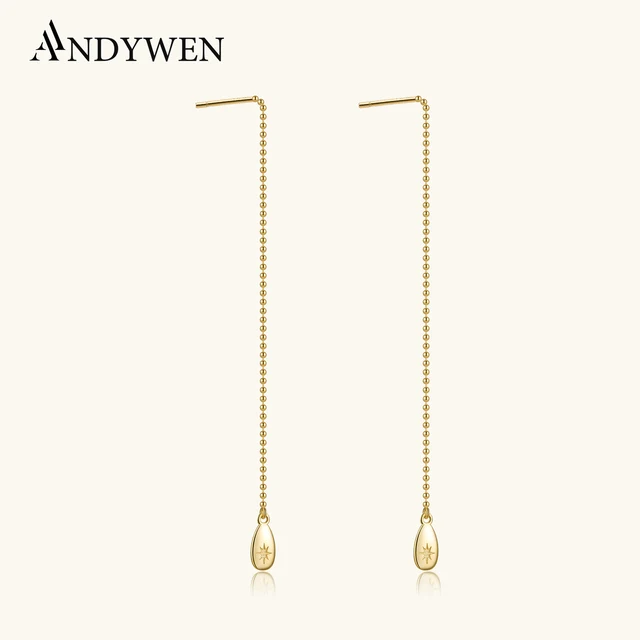 ANDYWEN 925 Sterling Silver złote koraliki łańcuszek owale długi łańcuszek koraliki Piercing złoto Pendientes kobiety luksusowe drobne klipsy do biżuterii