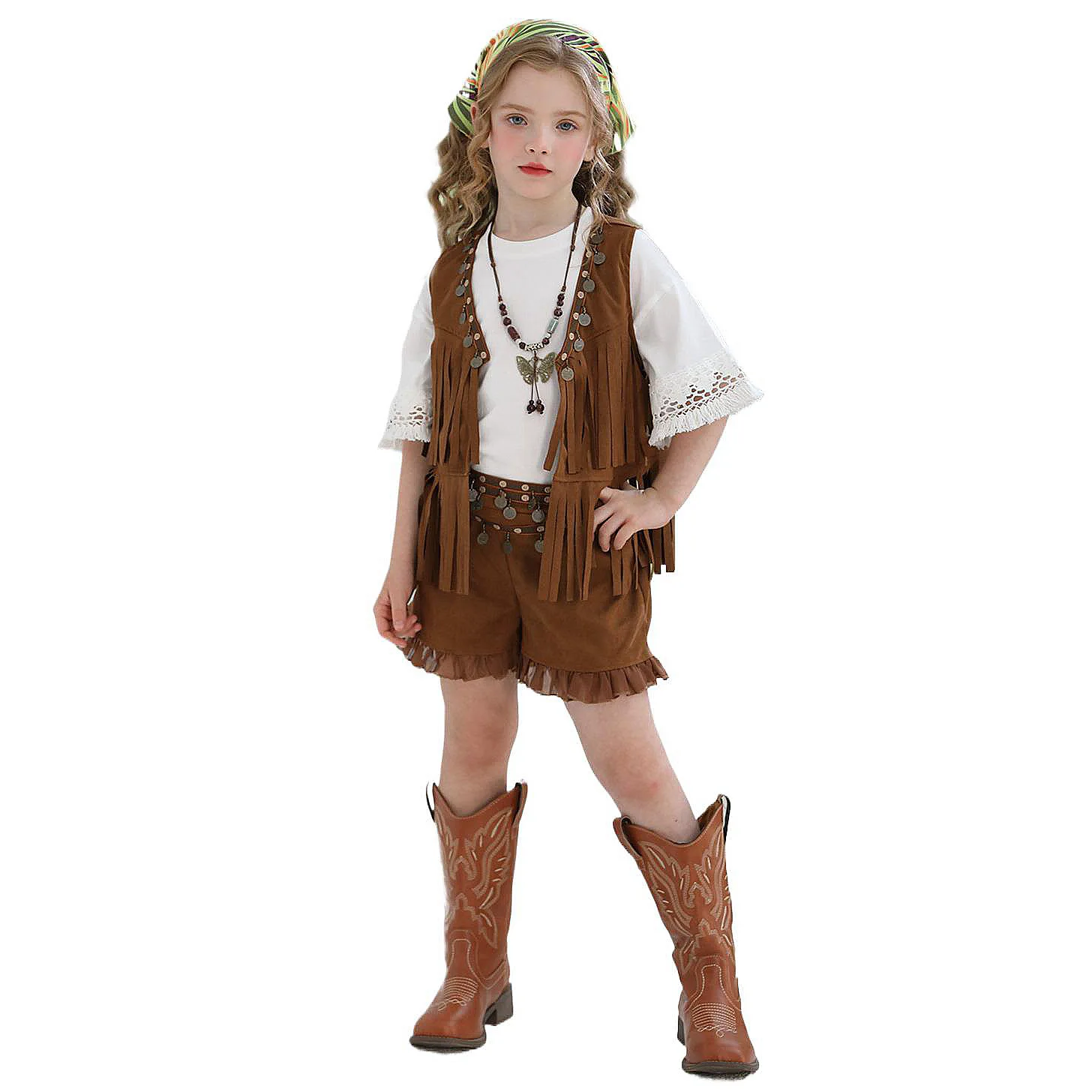 

Children's Carnival Tassel Vest Bohemian Retro National Style Western Denim Shorts Girls Hippie Cosplay Holiday Travel Clothing
