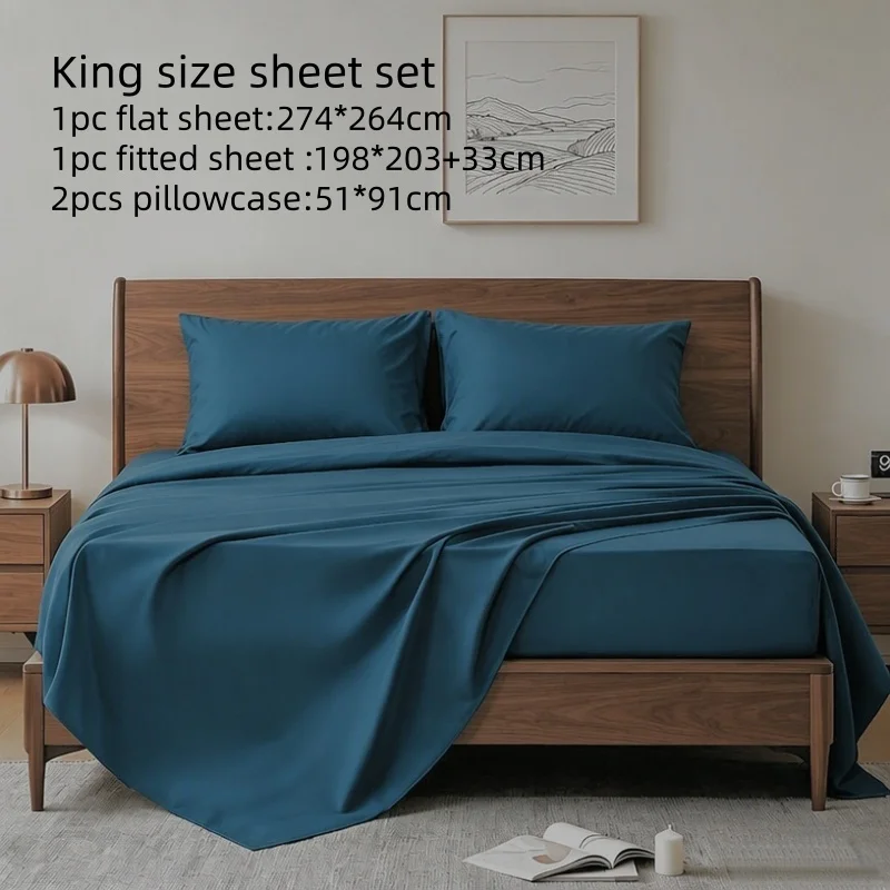 Bed Sheet Set Pure Cotton Flat Sheet+Deep Pocket Fitted Sheet+Pillowcase Modern Solid Blue Breathable Mattress Cover King 4pcs