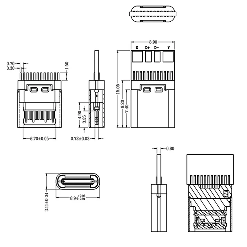 1/5/10PCS USB3.1Type-C 24Pin Female Base With Data Board 5A High Current Four-Star Welding Wire Charging Pug