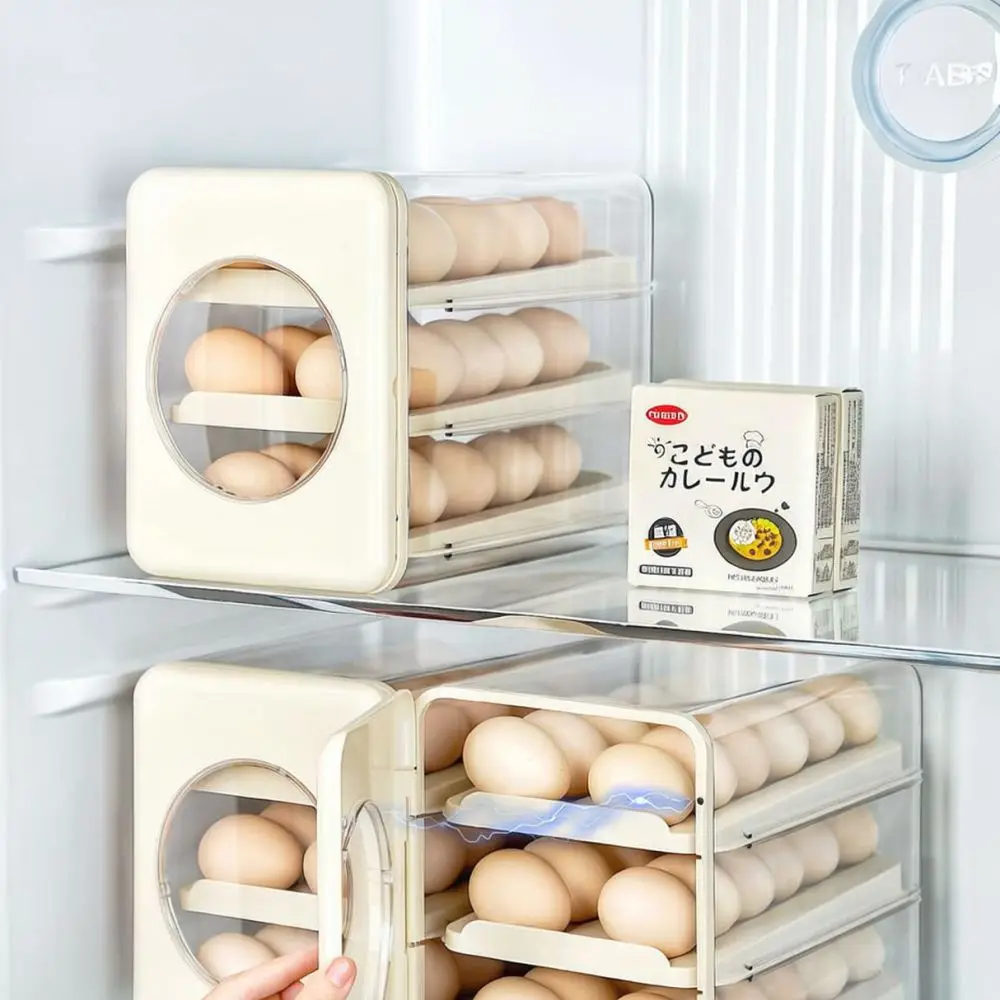 Kitchen Organizer Egg Storage Dispenser 3 Tier Rolling Fridge Tray Automatic Refill Plastic Rack Compact Box Holder