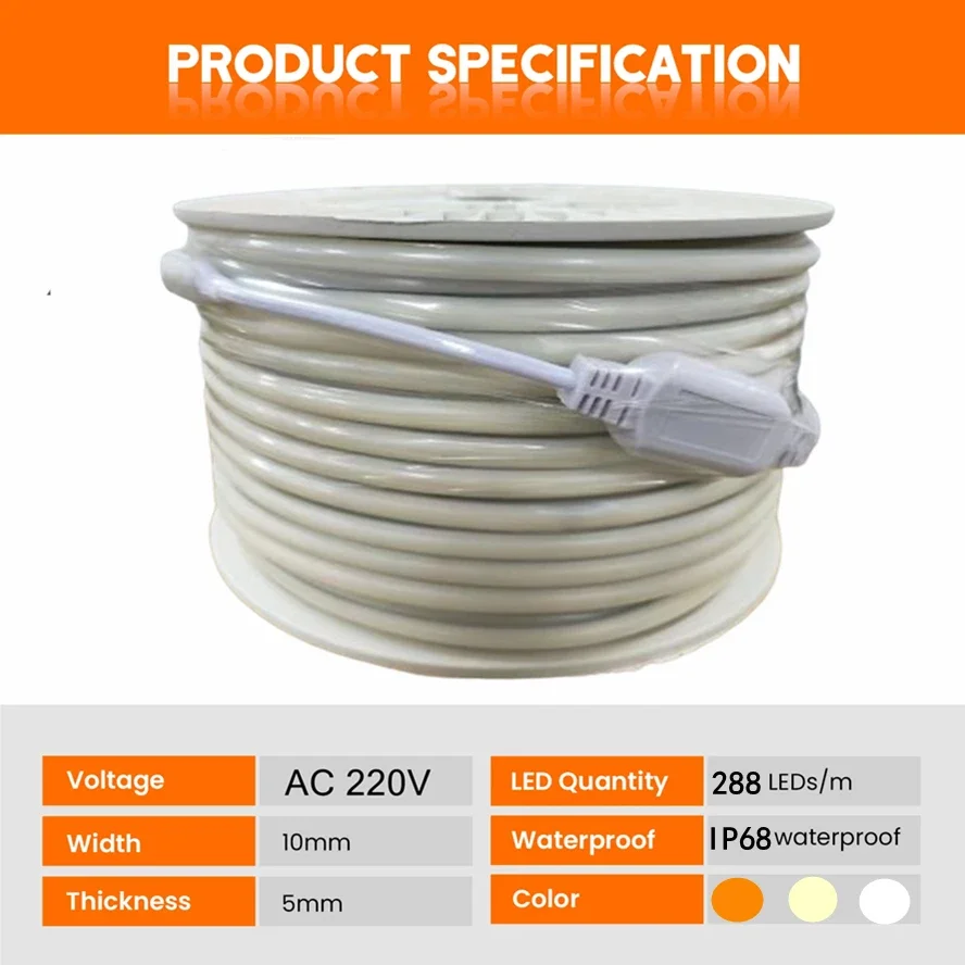 IP68 Waterproof COB LED Strip Lights 220V Adhesive Tape with EU Plug Flex Silicone Tube Lamp for Home Outdoor Garden Lighting