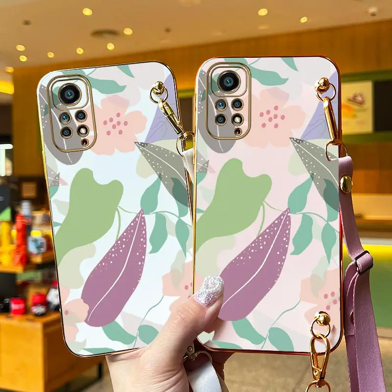 Colored Leaves Lanyard Plating Phone Case For Xiaomi Redmi Note 11 11T 11EPro 11TPro 11Pro 11S 11SE 12R 12 10S 10 12Pro Cover