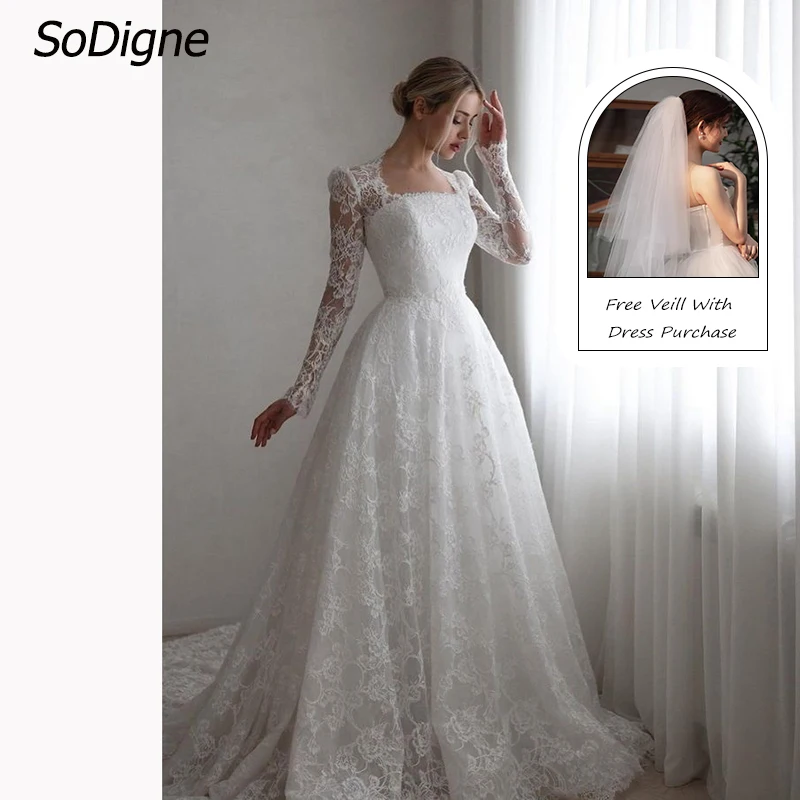 SoDigne A-line Boho Lace Wedding Dress Full Sleeves Square Collar Bride Dresses Long Bridal Gowns vestidos de novia Customized