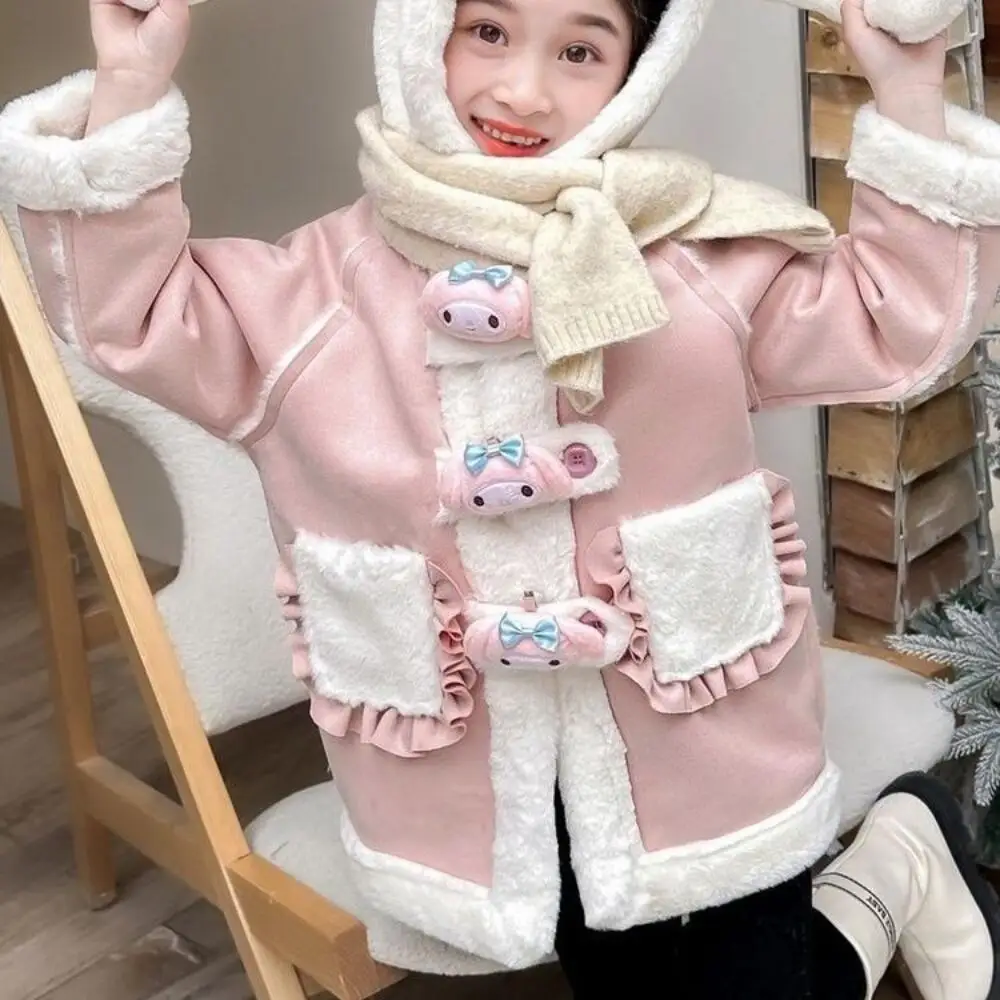 

Горячая бархатная куртка Sanrio My Melody для девочек, зимнее шерстяное пальто на подкладке и утолщенная милая кукла, 3D шапка, детская одежда, теплое высокое качество