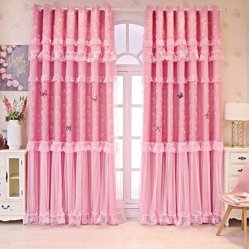 

Розовая кружевная двухслойная занавеска в стиле принцессы, затемняющая занавеска для гостиной и спальни