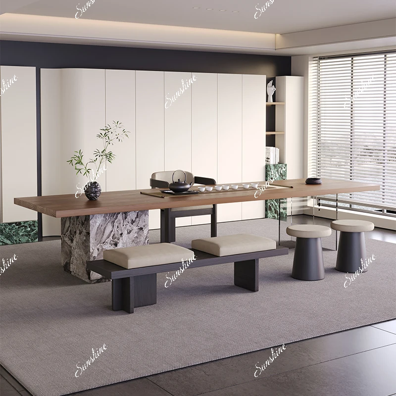 Solid wood large board drinking table and chair combination home office living room log tea table light