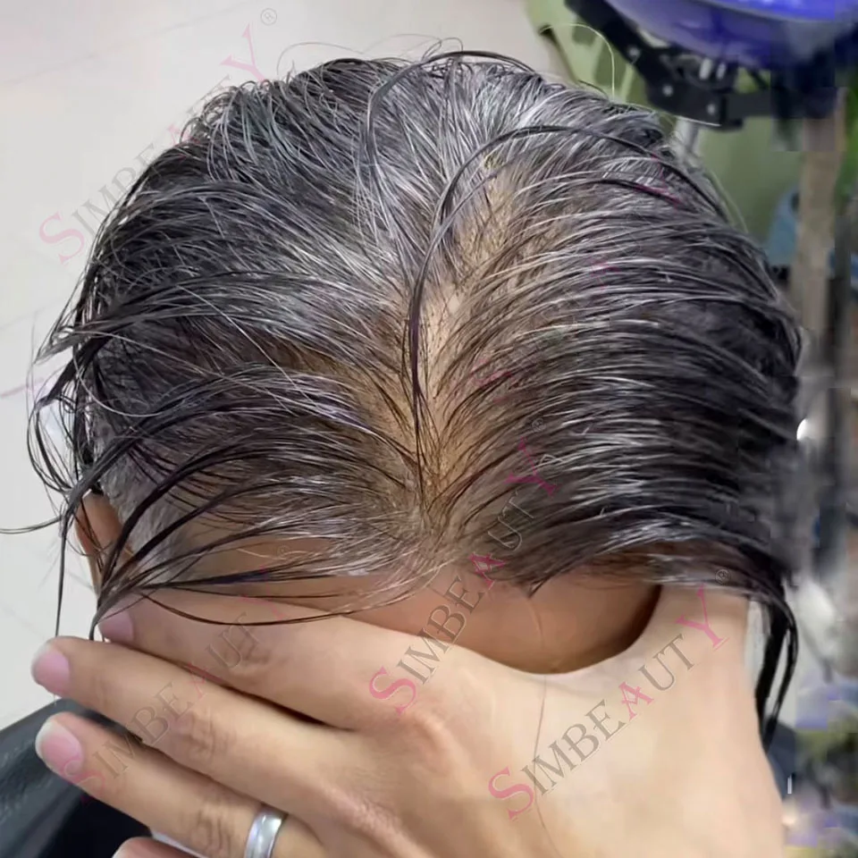 

80% Плотность Натуральные человеческие волосы Платиновый блондин Невидимые 0,02 мм Супер тонкая кожа Белый Серый 1B50 1B80 # 60р # Капиллярный протез