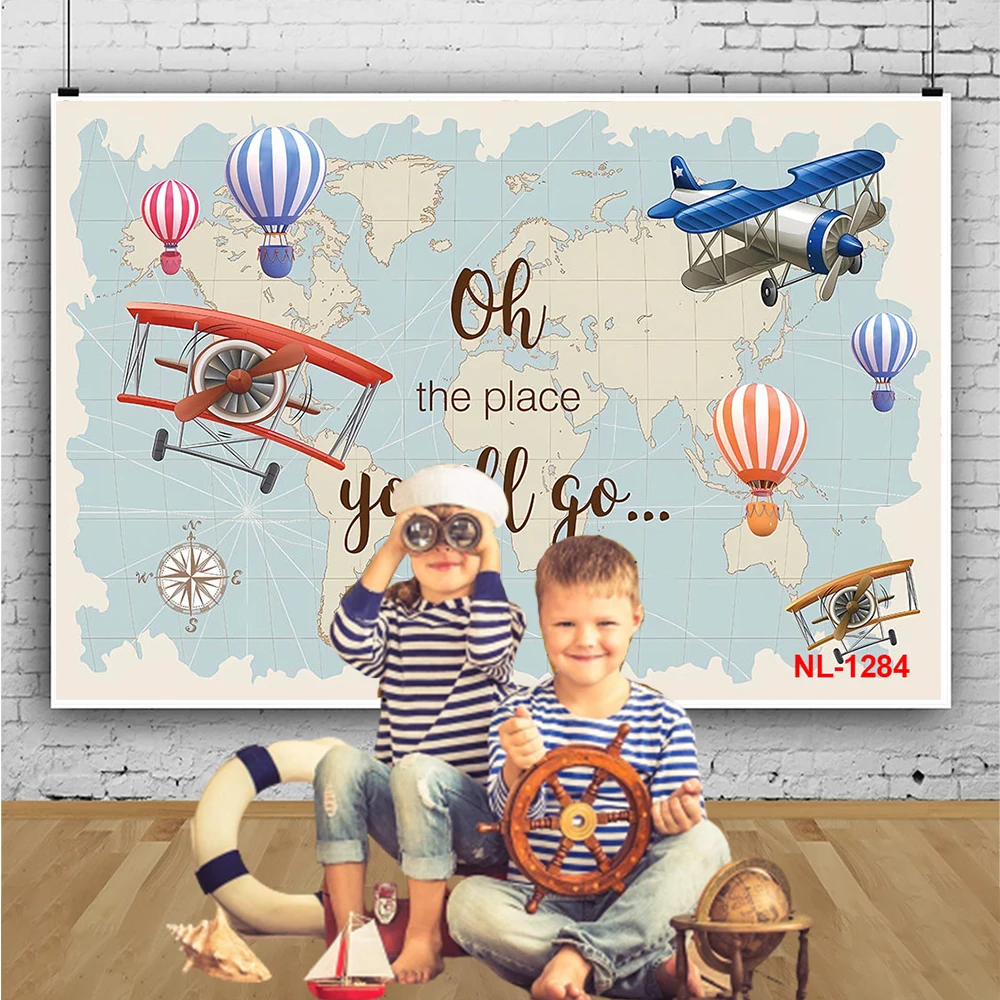 Adventure Travel Theme Famous Architecture World Map Birthday Party BabyShower Decor Hot Balloon Airplane Child Photo Background