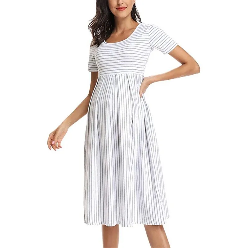 

Women Maternity Dress Summer Stripe Short Sleeve Loose Pregnancy Clothes Casual Soft Round Neck Waist Pleated Knee Length Dress