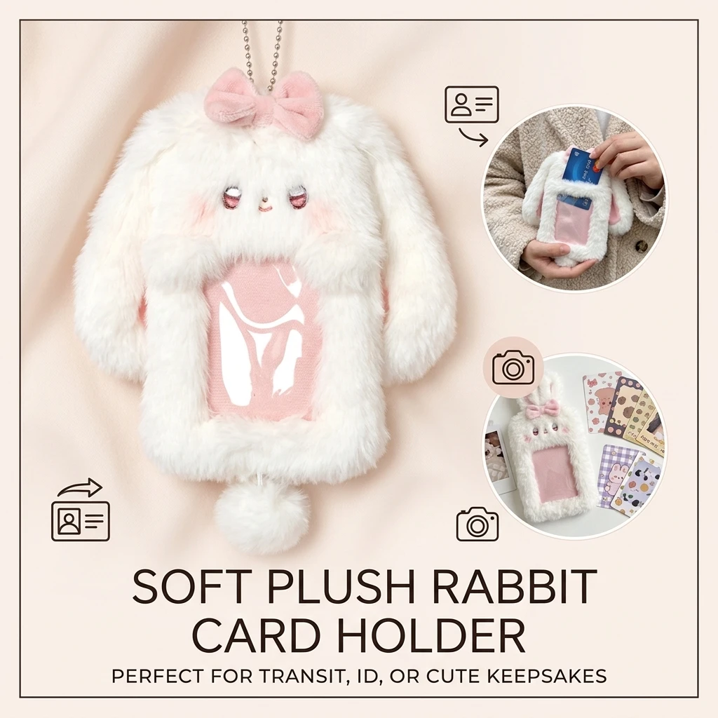 Rabbit-Shaped Plush Card Holder with PVC Window for Bus ID and Meal Cards Soft Ear Design Scratch-Proof Protection for Daily Use
