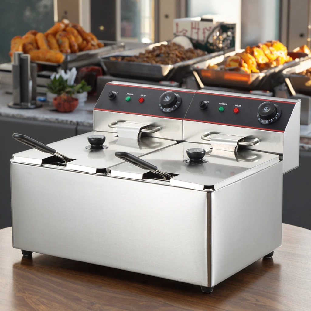 Top Fryer Factory Hot Sale New Condition Professional 16L Stainless Steel Electric Donut Fryer Commercial Double Tank Table