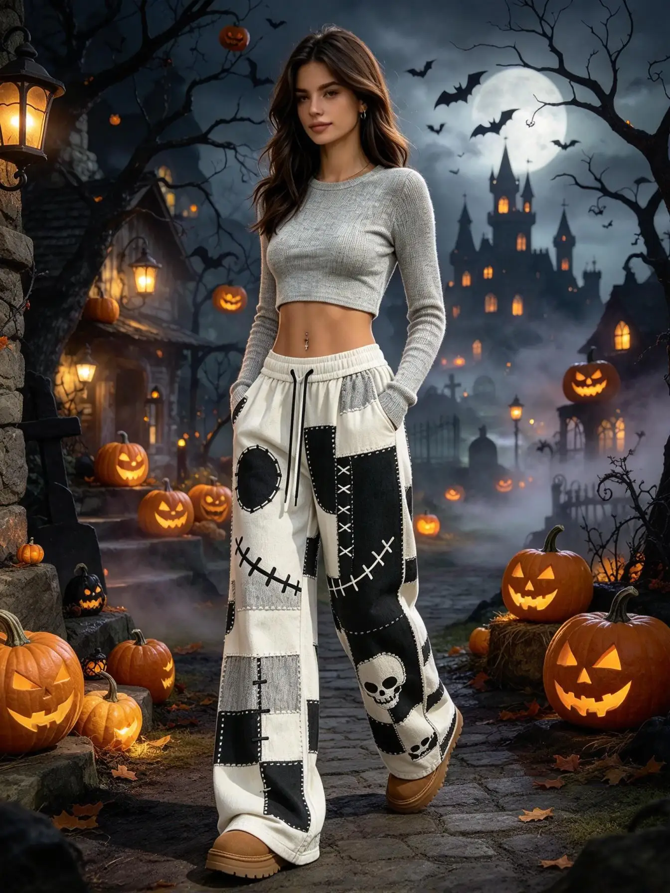 Women Halloween Patchwork Print Wide Leg Pants Ghost Skull Spider Web Drawstring Elastic Waist Casual Trousers