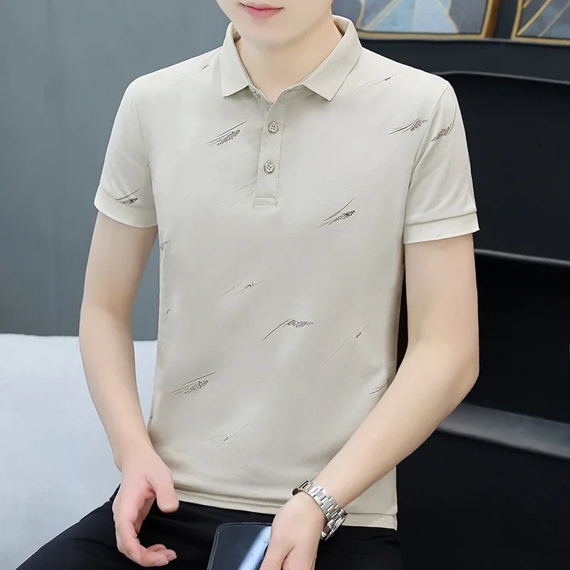 Men Cotton Short Sleeve Polo Shirt Minimal Line Print Lapel Casual Daily Top S 4XL