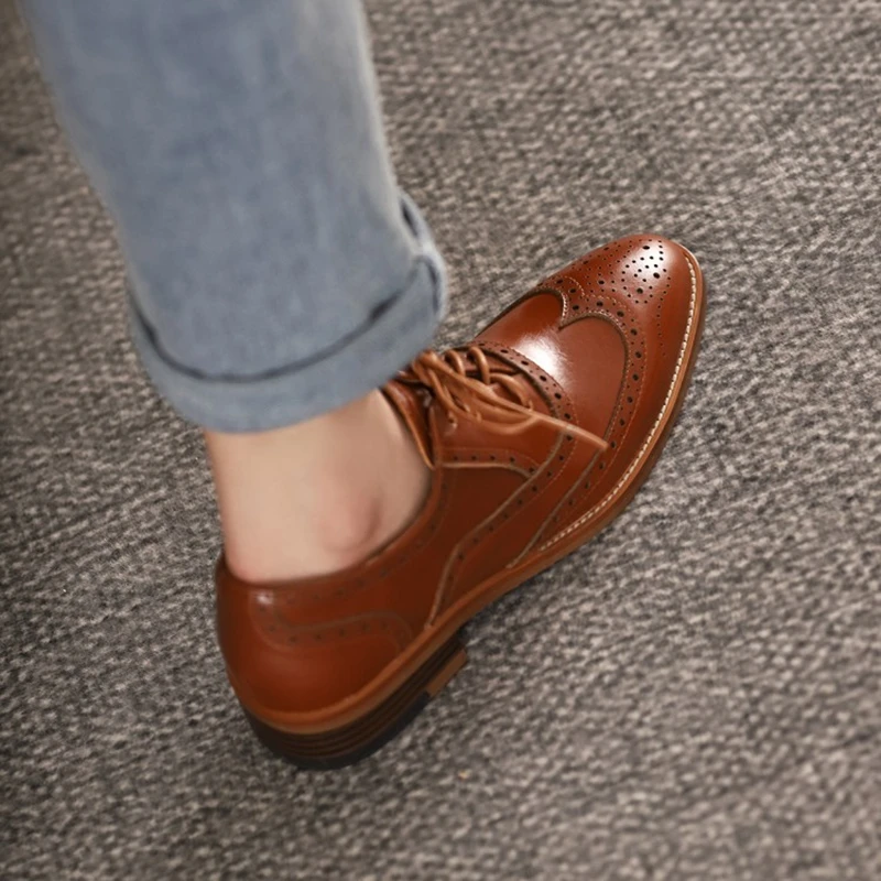 Women Oxford Shoes Spring/Autumn Women Shoes Genuine Leather Shoes for Women Brogues Vintage Lace up Casual Brown Handmade Shoes