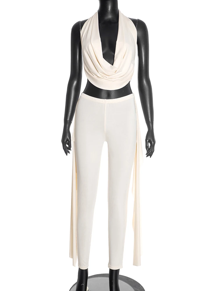 Sisterlinda Swing Collar 2 Piece Set Women Classic Sexy Backless Sleeveless Halter Tank Top+Ribbon Pants Stretch Chic Streetwear