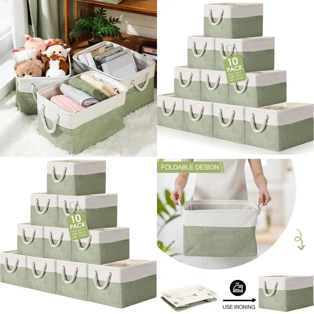 

Collapsible Fabric Storage Baskets with Handles - Large Decorative Bins for Organizing Shelves, Toys, and Clothes, Beige & Green