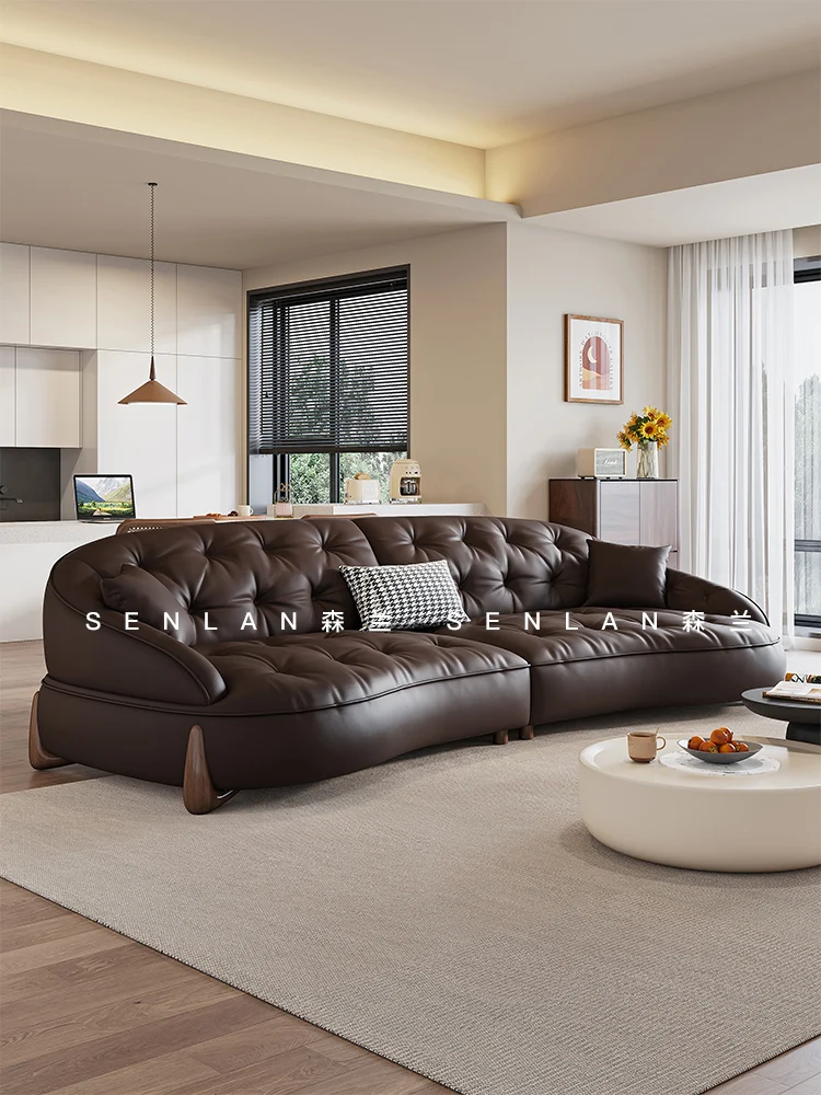 Leather Sofa Cowhide Minimalist Living Room Modern Minimalist Three-Person Retro Curved Sofa