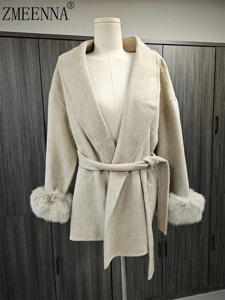 ZMEENNA High End Double-sided Wool Strapping Coat Women's Removable Cuffs Fox Fur Temperament Double-sided Cashmere Short Jacket