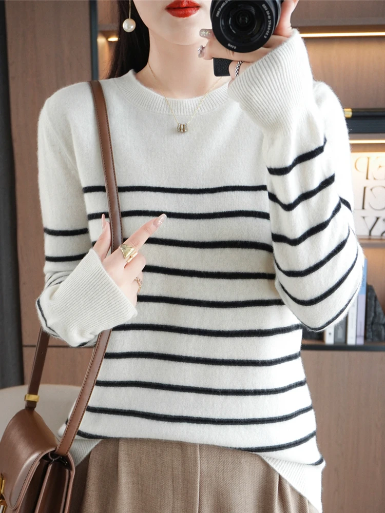 

Women Sweater Long Sleeve O-neck Striped Pullovers Loose Casual Autumn Winter Warm Bottoming Shirts Knitted Sweater Jumpers