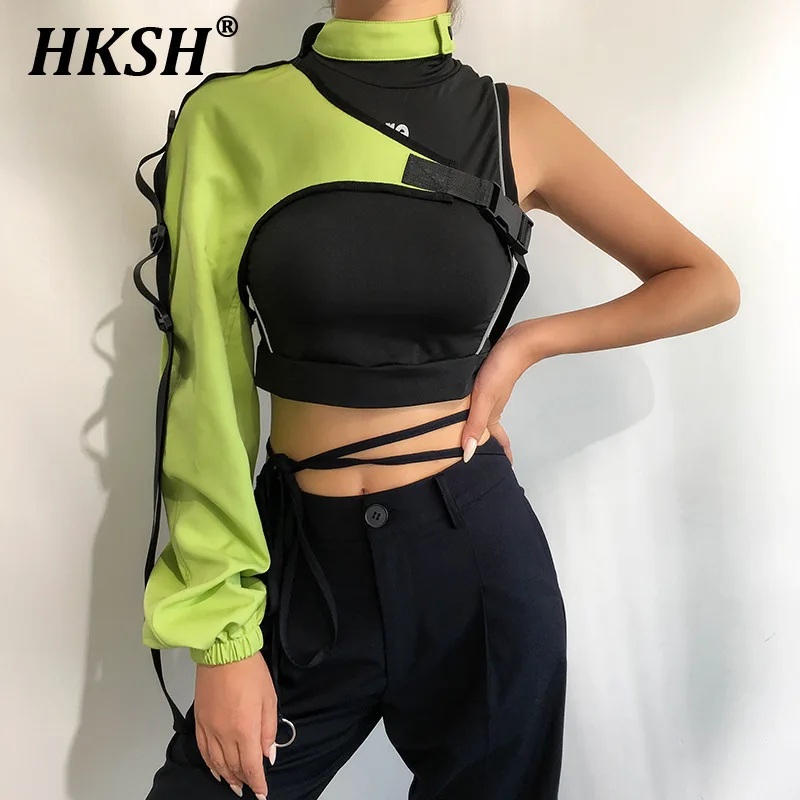 HKSH Autumn Women Performance Irregular Splice Strap Hip Hop Coat Dance External Single Shoulder Sleeve Fashion Streetwear H2528