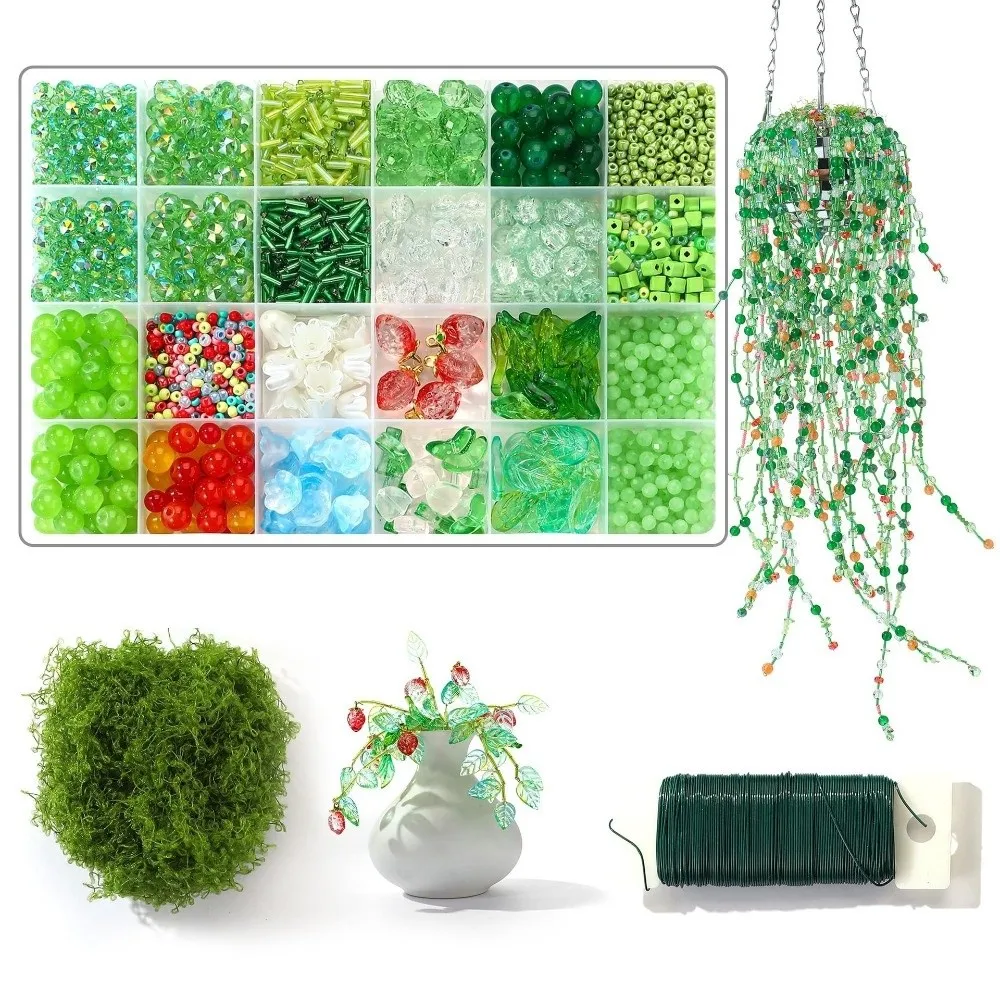Green Glass Potted Plants Beads Crystal Leaf Pieces with Plant Pots Beaded Plant Kit Handmade DIY Orchid‌ Set for Plant Lovers