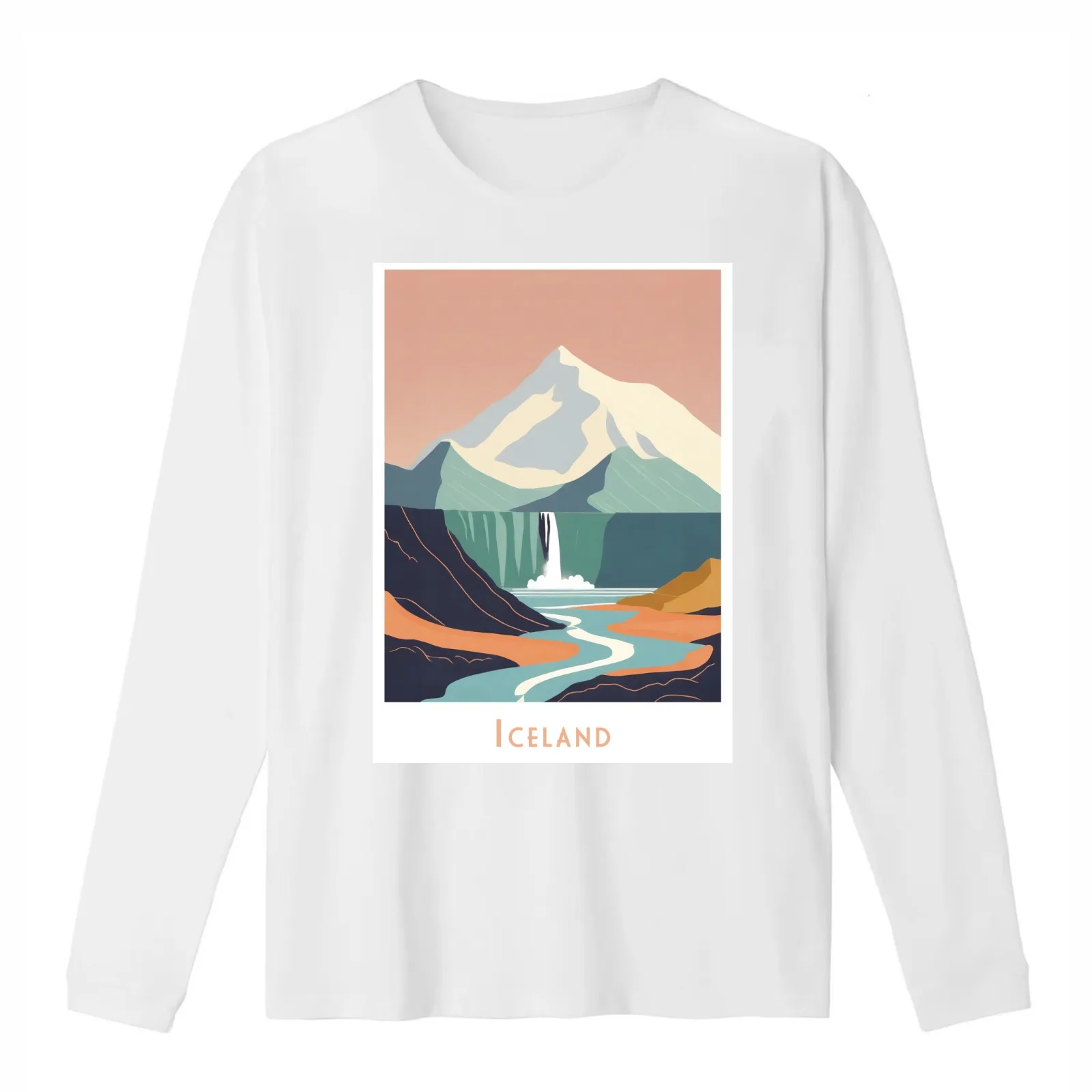 Vintage Minimal Retro Travel Poster Waterfall in Iceland T-Shirt Summer Casual Cotton Tee Oversized Streetwear Tops