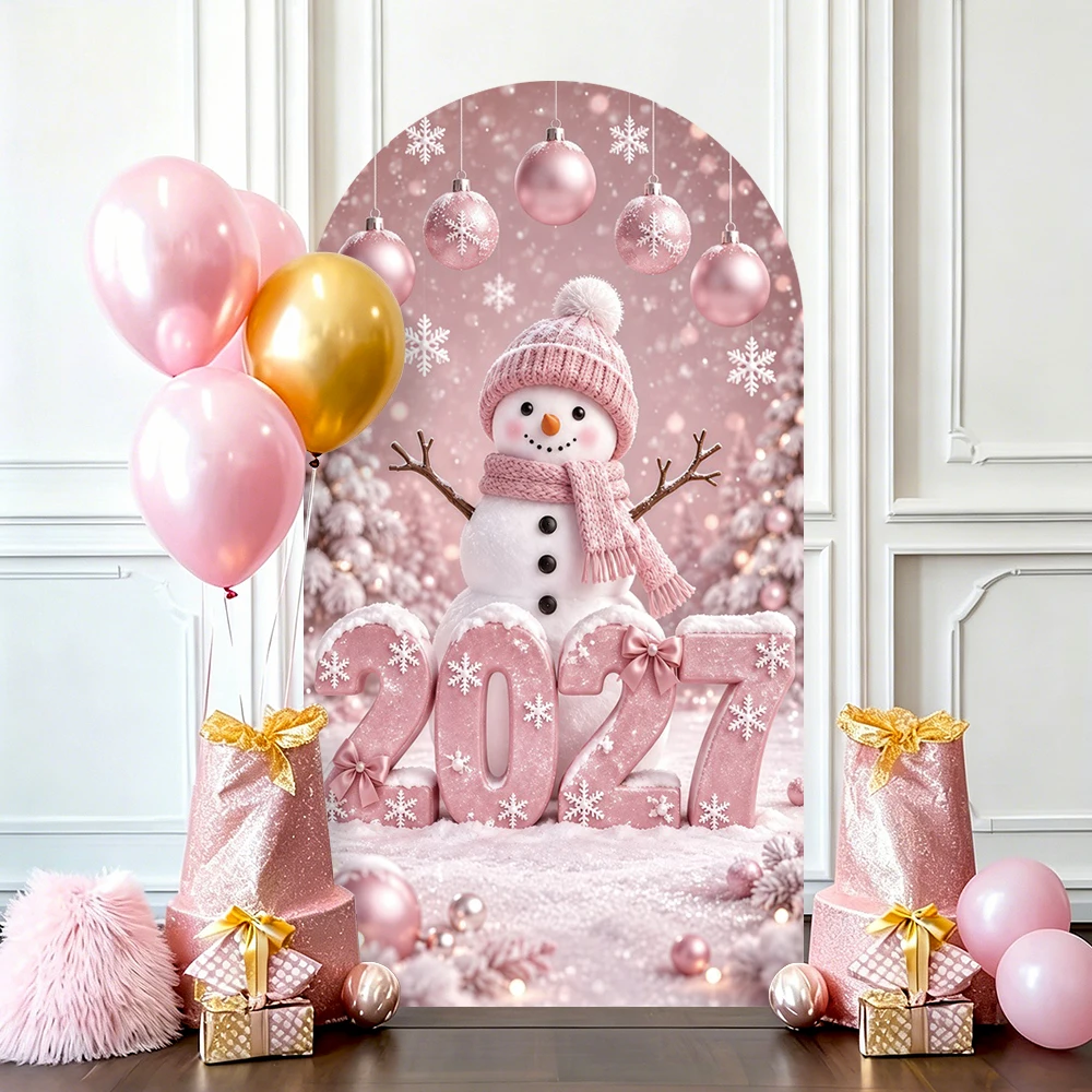 Yeele 2027 Happy New Year Arch Backdrop Cover Winter Pink Snowman Bells Girls Christmas Decor Spandex Elastic Arched Background