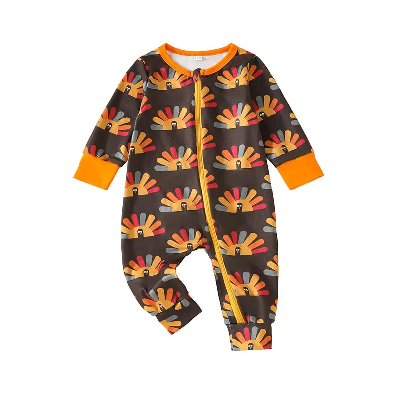 Baby Girl Boy Thanksgiving Romper Turkey Print Long Sleeve Full Length Zipper Front Jumpsuit Fall Clothes