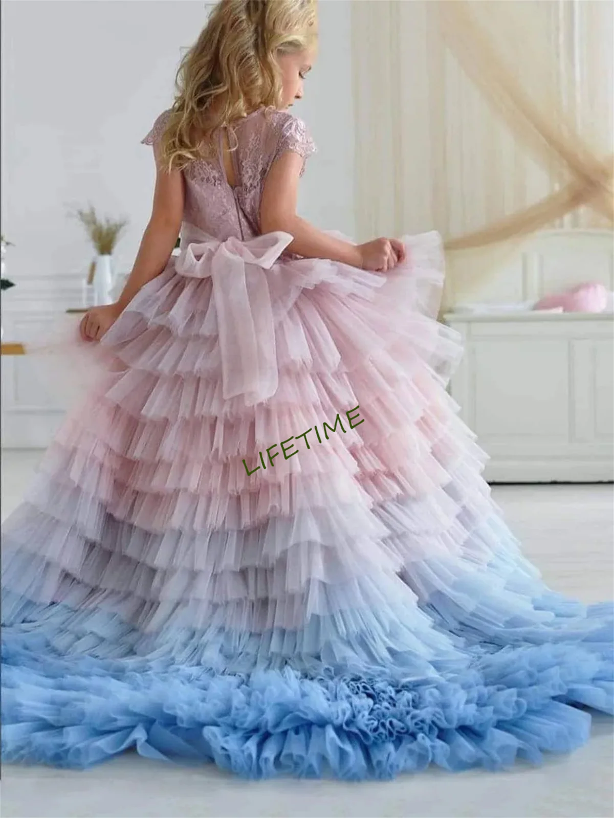 Princess Gown for Toddlers Tulle Tiered Pageant Dress Flower Girl Dress with Train Maxi Prom Party Ball Gown Baby Girls Wedding