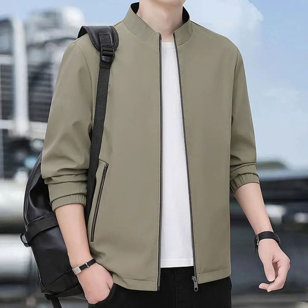 

Men Solid Color Jacket Men Jacket Mid-aged Man's Fall Winter Business Travel Jacket with Stand Collar Zip-up Closure for Father