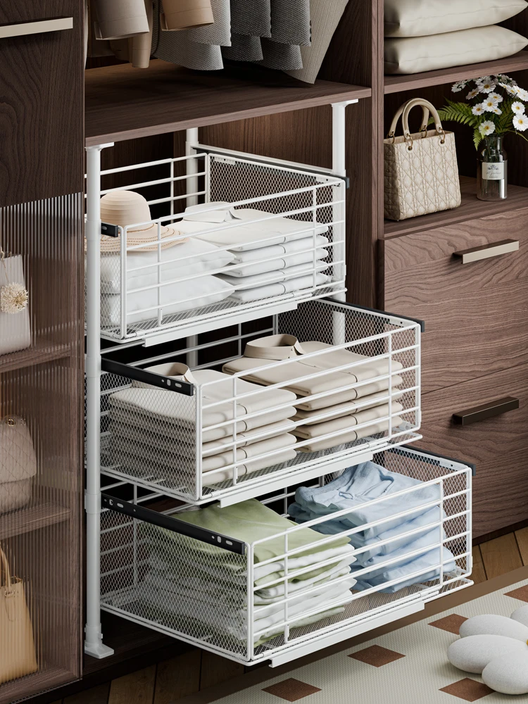 

Wardrobe storage, layered pull-out basket, drawer partition, ceiling standing, and telescopic storage racks for clothes in the