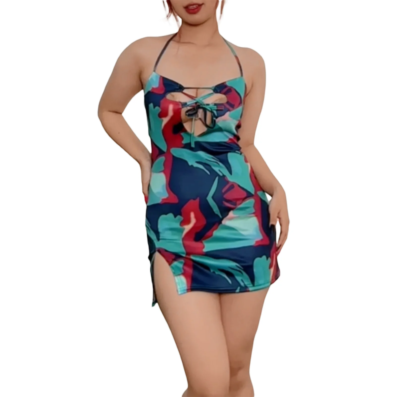 Hirigin seksowne kobiety Halterneck Party Dress letni abstrakcyjny nadruk bandaż wycięcie bez rękawów sukienka z odkrytymi plecami dla klubu Streetwear