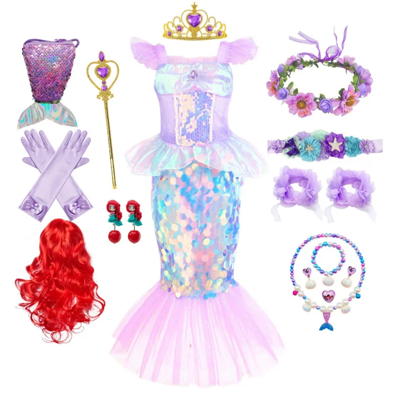 Little Mermaid Ariel Charm Princess Dress Cosplay Costumes for Kids Girl Mermaid Birthday Party Ball Gown Halloween Clothing